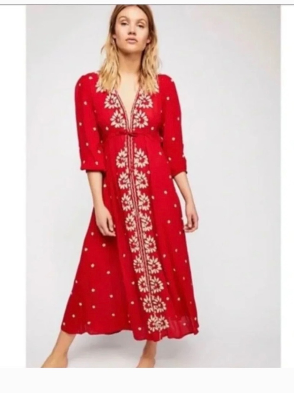 Free People Embroidered Fable Midi Red Dress